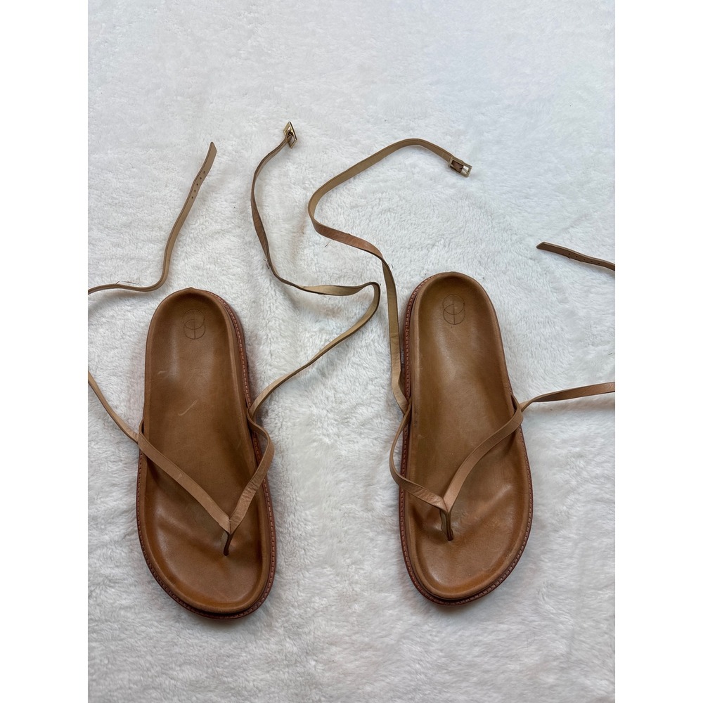 Porte & Paire Tan Leather Lace Up Gladiator Sandals Ankle Tie Flat Thong Size 40